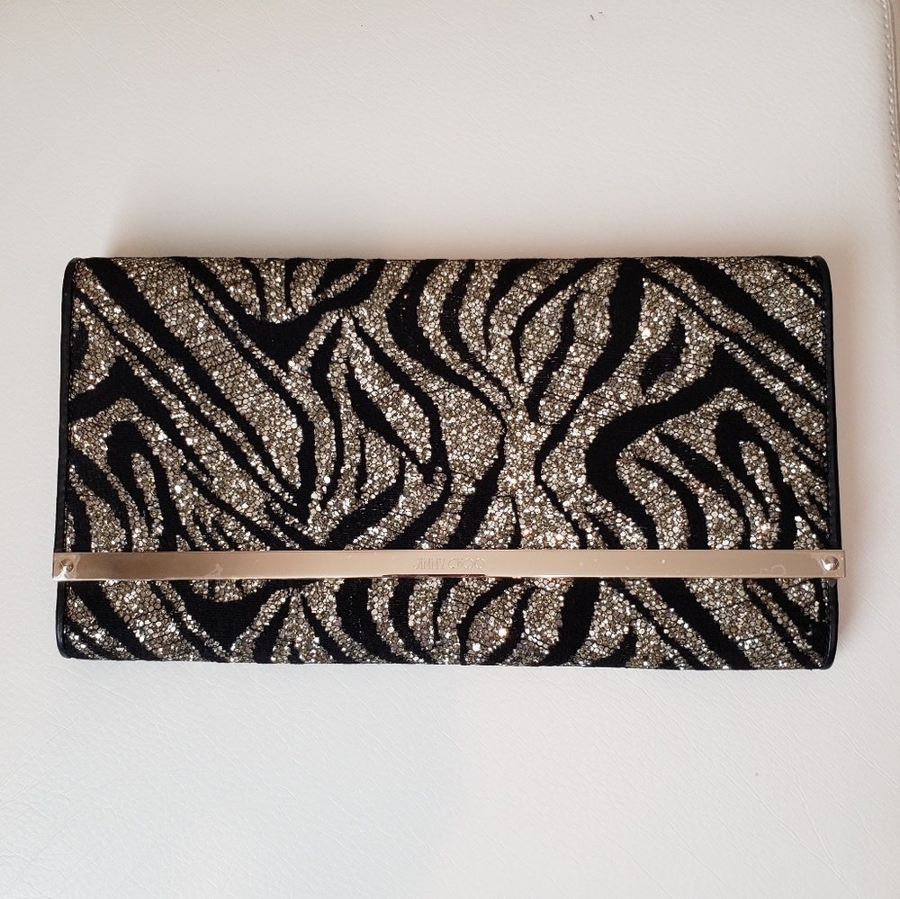 Jimmy Choo Zebra Print Gold Glitter Clutch